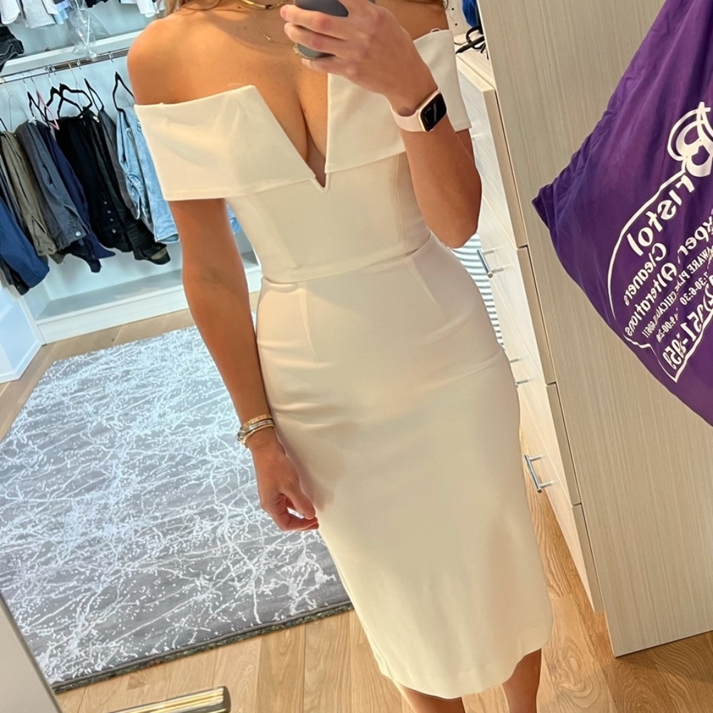 NWT NICHOLAS PONTI WHITE V-NECK OFF SHOULDER MIDI DRESS SIZE 2